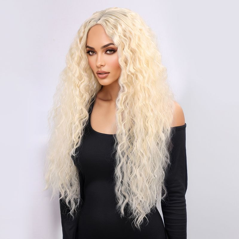 Parrucca con extension per capelli, nuova parrucca per donna, capelli neri ricci alla moda, ondulati, ricci di mais, riga centrale, frangia, copricapo completo._voghion.com