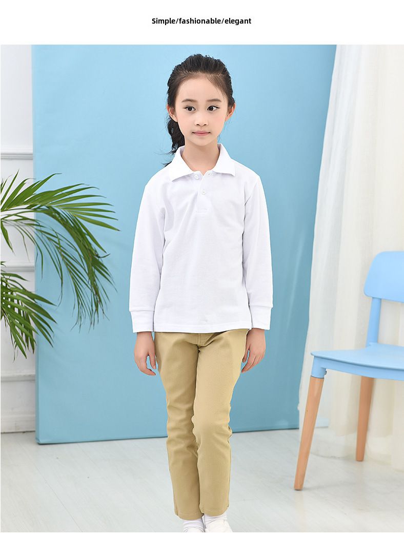 Kinder T-Shirt Langarm Baumwolle Weiß Revers Jungen Poloshirt Mädchen Basisshirt Grund- und Mittelschuluniform für Kinder_voghion.com