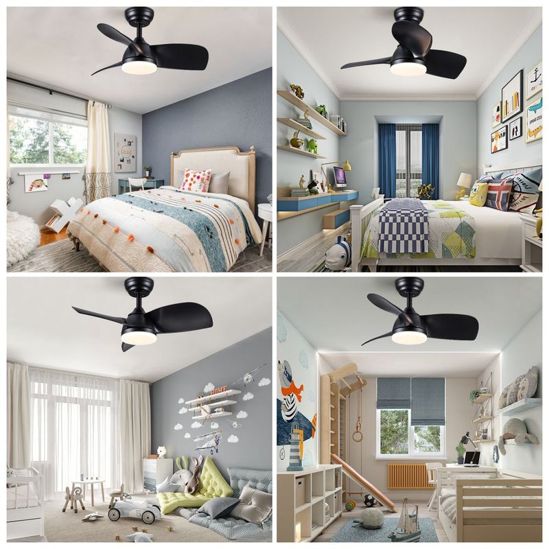 YUHAO 28 In. Integrated LED Kid's Room Matte Black Ceiling Fan With Light Kit And Remote Control_voghion.com