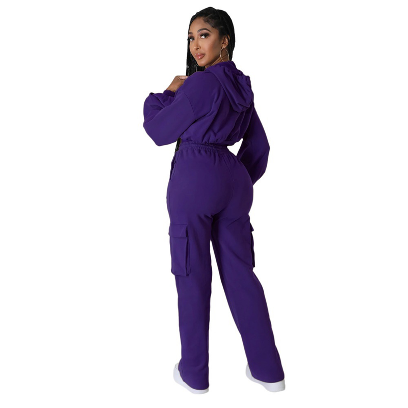 Completo da donna, completo di pantaloni dritti cargo tinta unita con cappuccio, casual, autunno e inverno, in due pezzi_voghion.com
