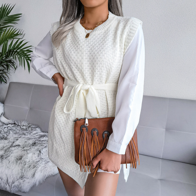 Stile Ins Autunno Inverno Casual Cinghia Cravatta Maglione Vestito Lavorato a Maglia Moda Donna_voghion.com