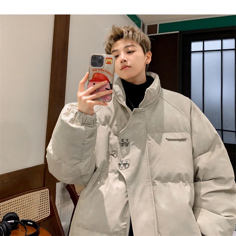 Hue Hue PU Leather For Men Winter Metal Airplane Buckle American Style Coat Thickened Warm Loose Puffer Cotton Padded Jacket_voghion.com