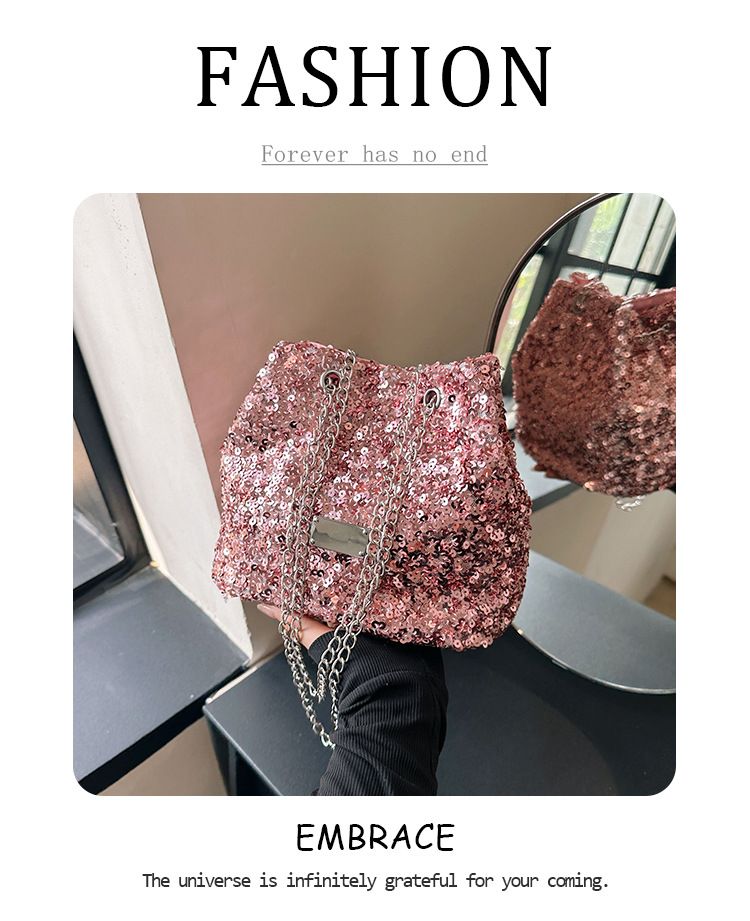 Popolare per la nuova borsa a secchiello con catena glitter estiva da donna 2023, borsa a tracolla a spalla singola con trama di nicchia_voghion.com