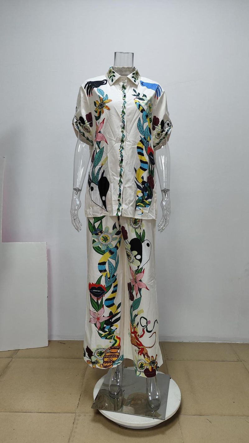 Vêtements pour femmes, nouveau style de printemps, costume pour femmes, imprimé, col rond, manches chauve-souris amples, taille, pantalon large, costume de mode_voghion.com