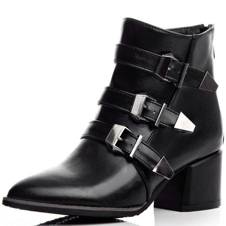 Belt Buckle Motorcycle Pointed Toe Plus Size Women's High Heel Ankle Boots Trendy 6-62_voghion.com