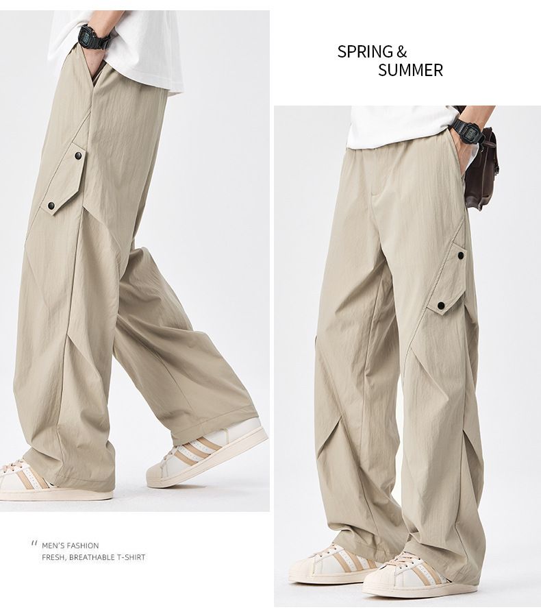 Shanshao Clothing Ice Silk Quick-Dry Cargo Pants For Men Summer Thin Loose Design Straight-Leg Trousers Wide-Leg_voghion.com