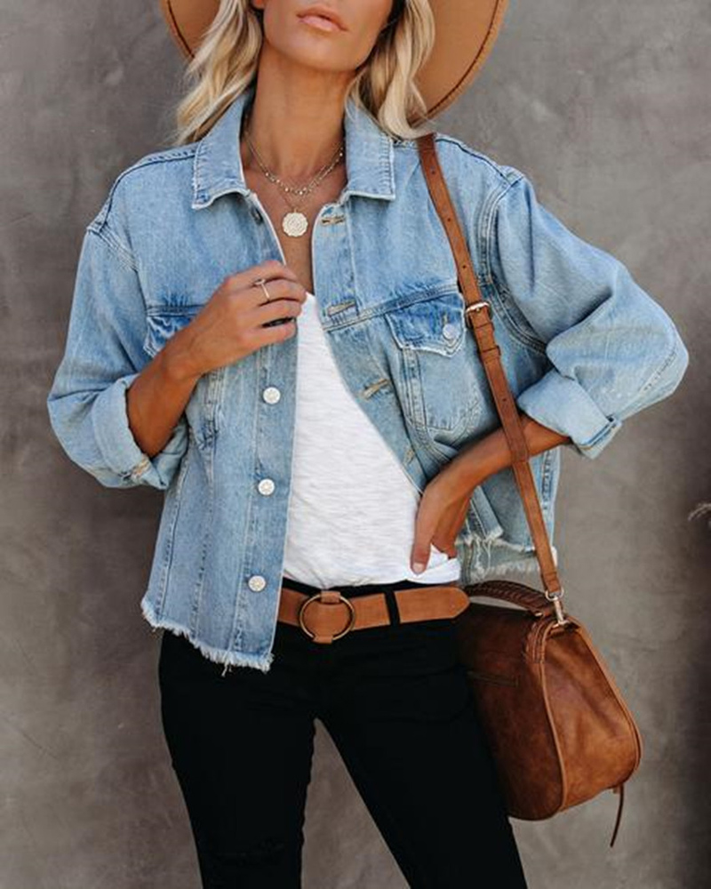 2021 Vår Höst Lös Street Hipster Dam Jeansjacka Burrs Långärmad Kort jeansjacka För Dam Jeans Plus Size_voghion.com