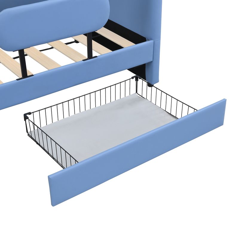 Kinder-Spleißbett, Polsterbett, Tagesbett, Walförmiges Design, Schlafsofa , 2 Schubladen Auf Rollen, PU+MDF+Sperrholz, Blu, 90x200cm_voghion.com