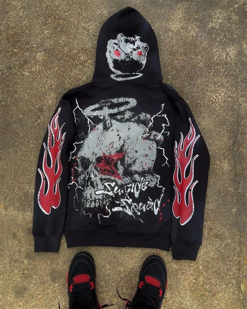 Y2k Retro Streetwear Hoodie With 3d Cartoon Print, Zip-up Oversized Pullover For Hip-hop & Dark Aesthetic Fashion_voghion.com