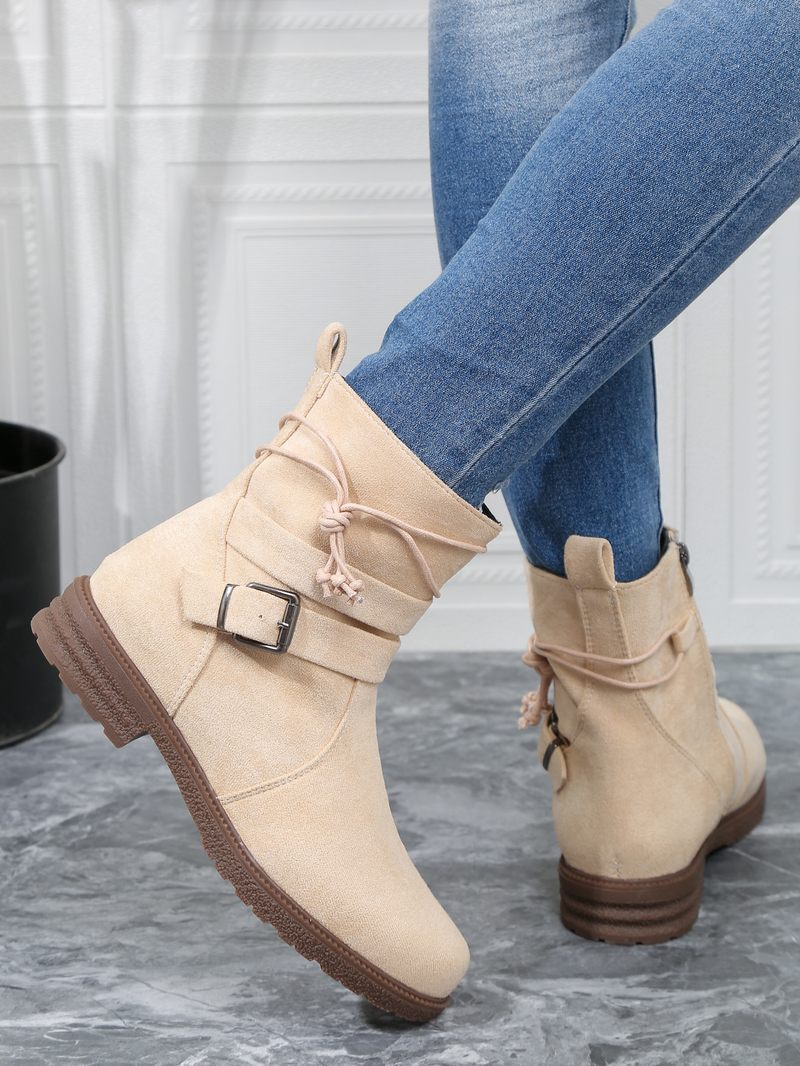 Short Booted Women's 2023 Autumn/winter New Round Head Martin Boots Side Zipper Belt Buckle Women's Boots_voghion.com