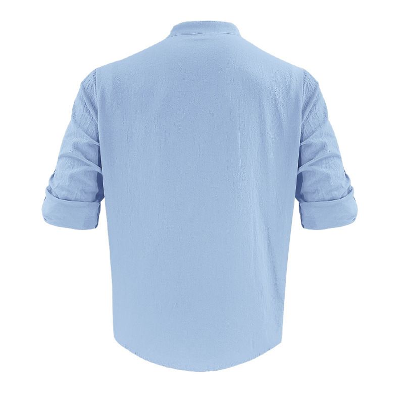 Camicia da spiaggia a maniche lunghe, semplice, traspirante, in lino, casual e ampia, da uomo, stile hawaiano, stile transfrontaliero americano._voghion.com