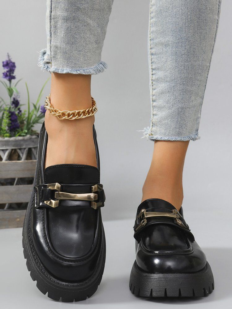 Große, dicke schwarze Lederschuhe mit kleiner Sohle für Damen, neue Slip-on-Arbeitsschuhe mit Metallschnalle_voghion.com