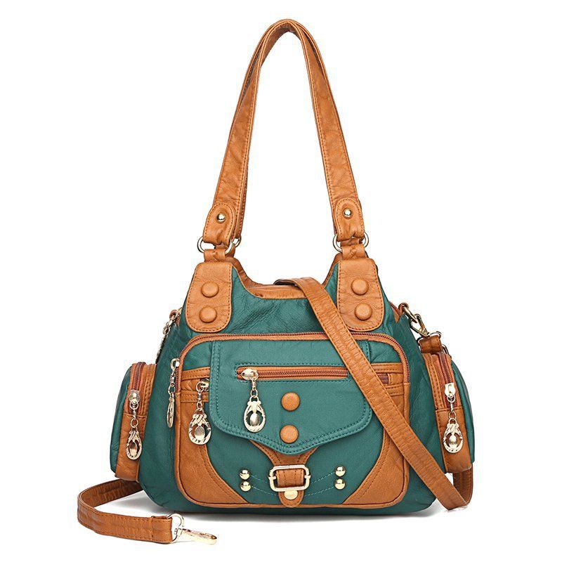 Borsa da donna in pelle lavata di alta qualità, borsa tote in morbida pelle con rivetti retrò, borsa a tracolla multitasche di grande capacità_voghion.com