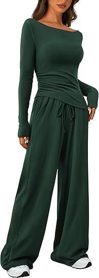 Trendy Asymmetrical Long Sleeve T-Shirt & Wide-Leg Pants Set - Fall Casual Outfit, Comfortable Polyester Blend, Multiple Colors & Sizes_voghion.com
