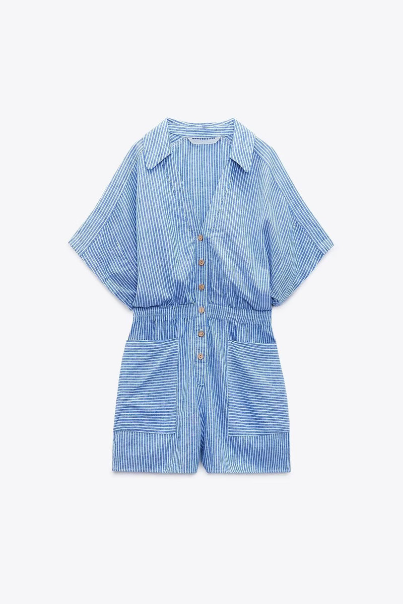 Women's Clothing Summer New Lapel Loose Waist Linen Blended Striped Short Jumpsuit_voghion.com