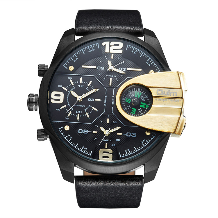 Luxuriöse Herren-Quarzuhr mit Kompass und GMT-Funktion, 58 mm großes Zifferblatt, Echtlederarmband, 30 m wasserdicht – Größen verfügbar_voghion.com