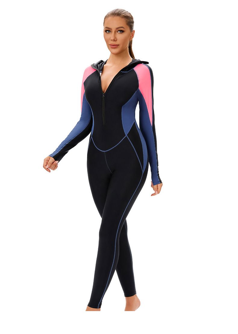 Cross Border New Color Matching One Piece Long Sleeved Sunscreen Women's Swimsuit Middle East Full Coverage Conservative Muslim Trousers Swimsuit_voghion.com
