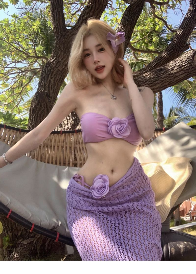 Maillot de bain à fleurs de curcuma de même style, jupe longue en tricot rose, vacances en bikini sexy, trempage dans les sources chaudes_voghion.com