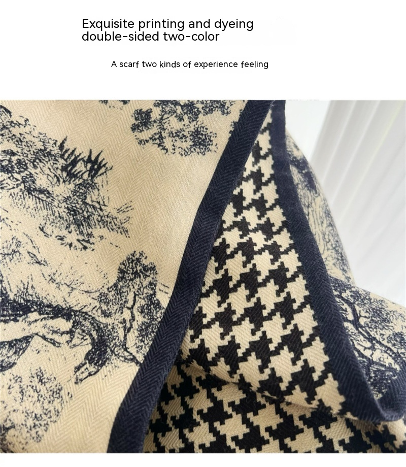 Nouveau Foulards en ruban de laine de soie pour femmes en automne et en hiver, nouveau motif de mille oiseaux à la mode Double face Double_voghion.com