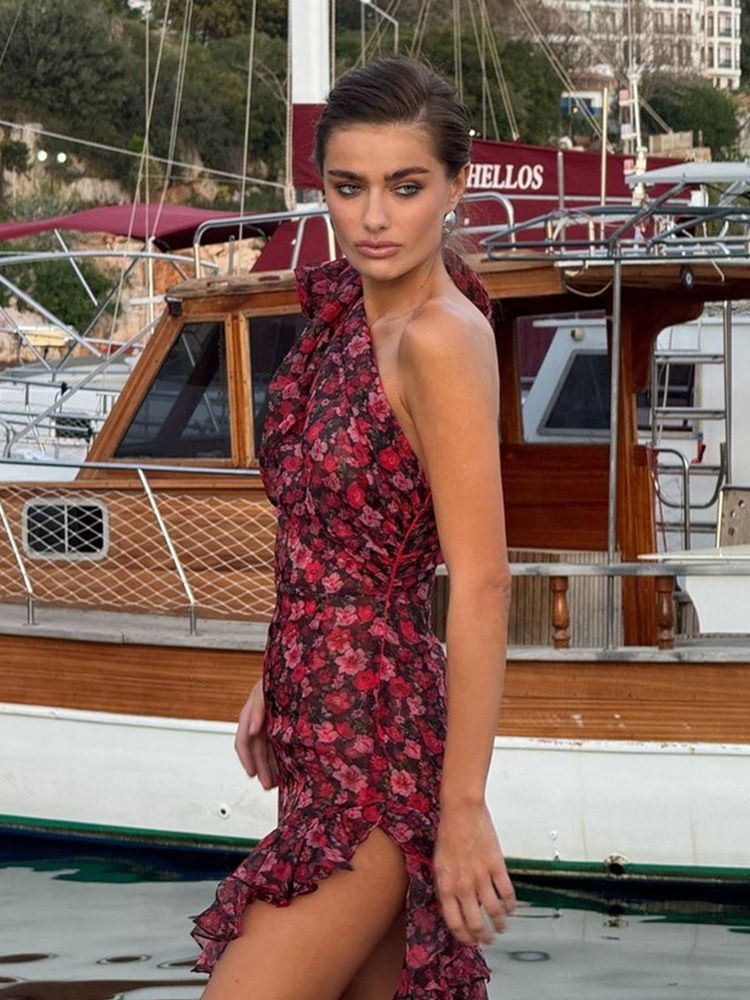 Floral Print Women Midi Dresses Fashion Incline Shoulder Bandage Ruffle Splited Vestidos Female Vacation Street Bodycon_voghion.com