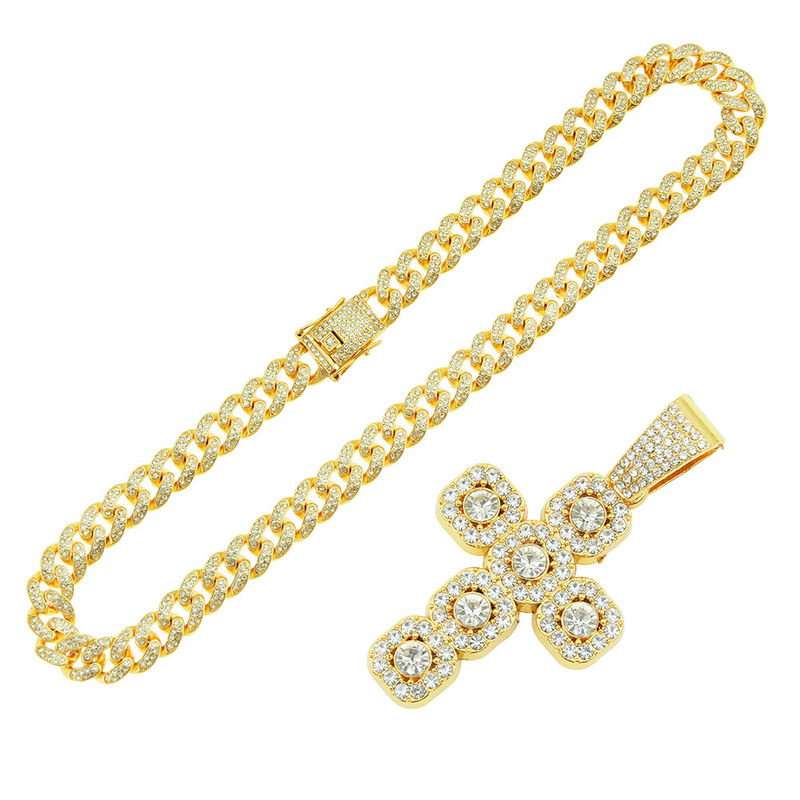 Designer elements hip-hop full diamond cross pendant Cuban chain necklace Men's cool and domineering personality collarbone chain neck chain_voghion.com