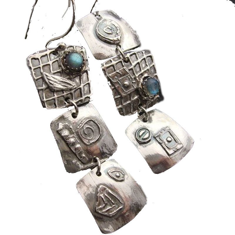 Orecchini da donna con motivo geometrico fatto a mano, stile antico, quadrati, blu, in argento, alla moda_voghion.com