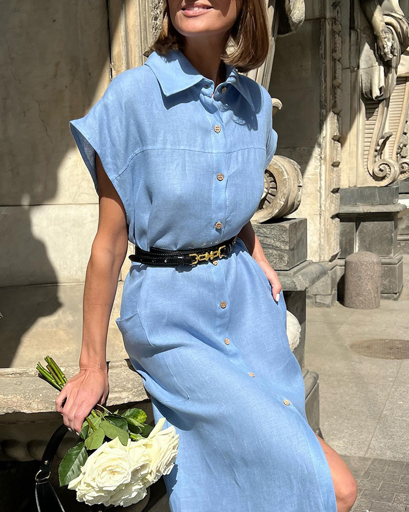 Abito a maniche corte in cotone e lino per le vacanze pendolari, elegante abito a camicia con gonna lunga_voghion.com