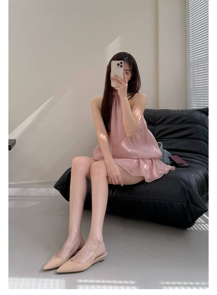 Lancui Nude Wedge Half Slippers For Women Summer Outdoor Patent Leather Chunky Heel Closed Toe Sandals Slim Pointed High_voghion.com