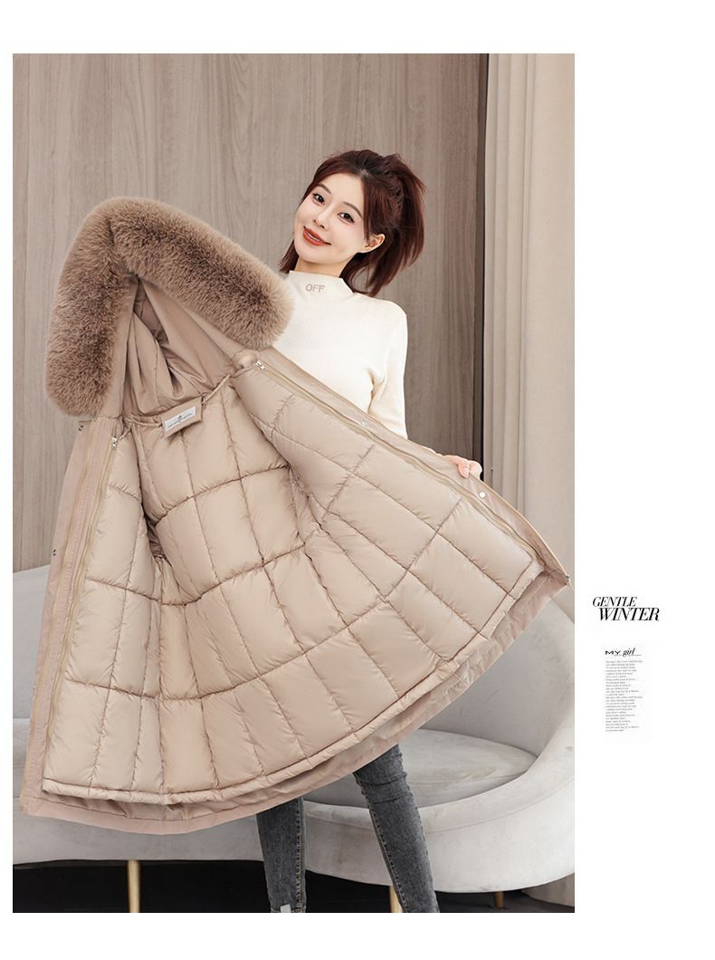 Women's Parka Coat With Detachable Faux Fur Hood, Mid-Length Winter Jacket For Ladies, Warm Quilted Polyester Outerwear With Rabbit Fur Trim_voghion.com