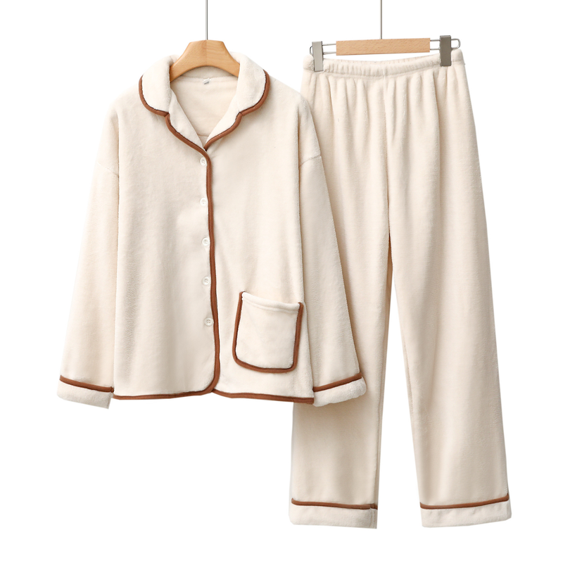 Dametøj kvinder efterår og vinter tyk koral fleece flannel cardigan revers blødt varmt hjemmetøj jakkesæt_voghion.com