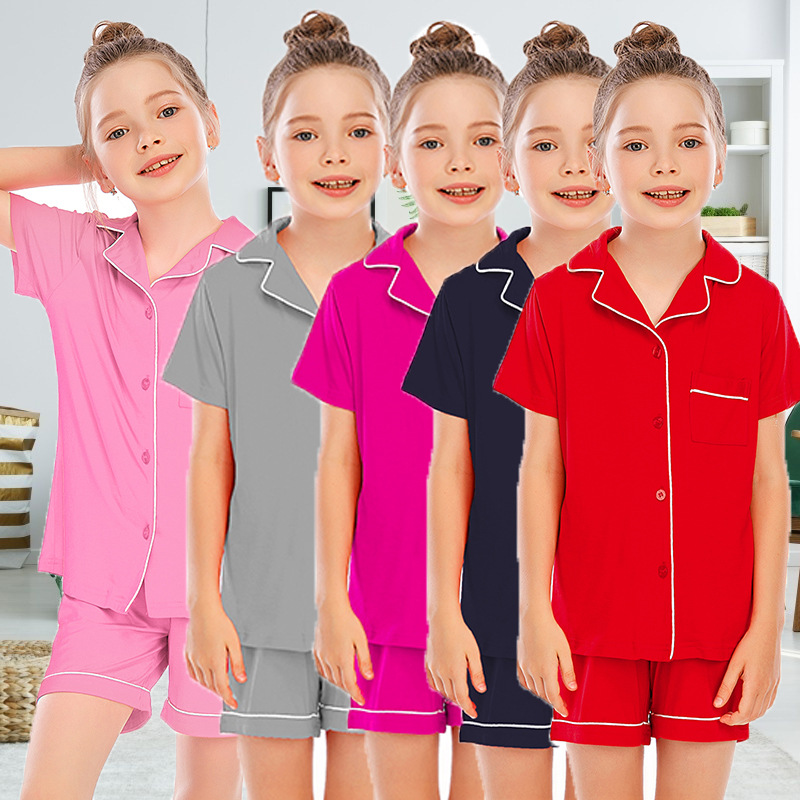 Women's clothing pajamas for boys and girls short-sleeved shorts suits comfortable cardigan modal lapel new home clothes_voghion.com