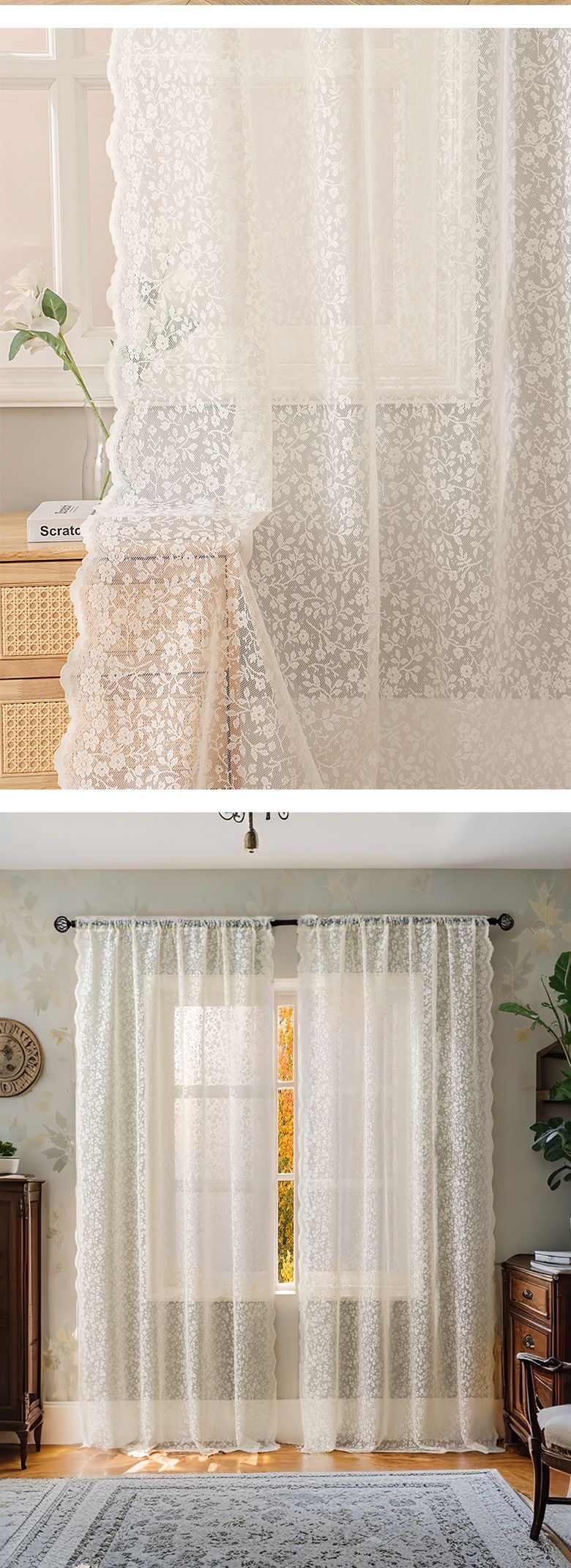 Franska krämfärgade transparenta gardiner - Vita voilegardiner för vardagsrum och sovrum (ljusfiltrerande, inte genomskinliga, färdiga, bohemisk chic-stil)_voghion.com