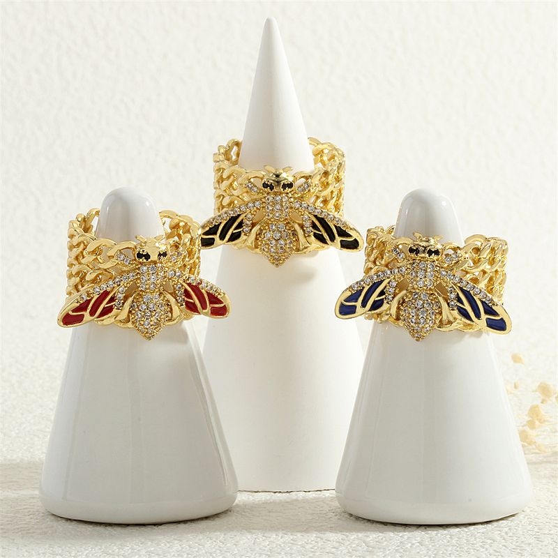 Hip Hop Cuban Chain Zircon Personality Metal Cold Style Atmospheric Wide Version Colorful Drip Oil Bee Ring_voghion.com