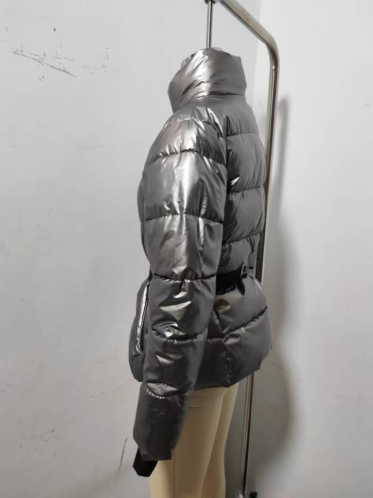 Women's Clothing Women's Stylish Ski-Inspired Hooded Down Jacket With Waist Cinching - Winter Warm Padded Coat In Black/Checkered/Silver/Blue Floral_voghion.com