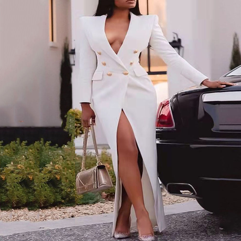 Eleganckie damskie marynarki garnitury z długim rękawem guziki kopertowa kurtka Maxi płaszcz klasyczna moda biurowa dama X-długa marynarka_voghion.com