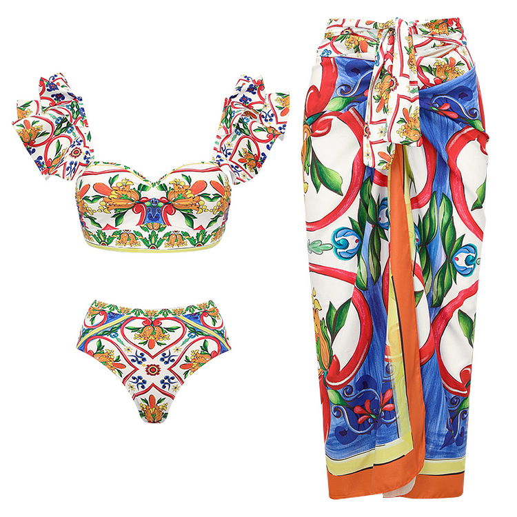 Women's one-shoulder ruffled enamel print beach vacation one-piece swimsuit suit_voghion.com