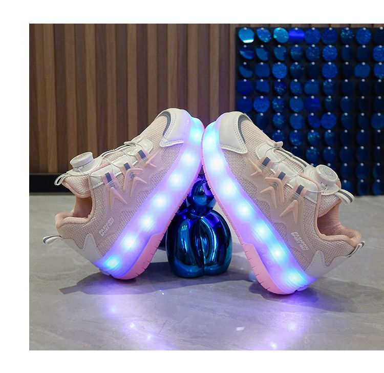 Genopladelige børns farverige lette sko med rulleskøjter og knapsneakers til drenge og piger_voghion.com