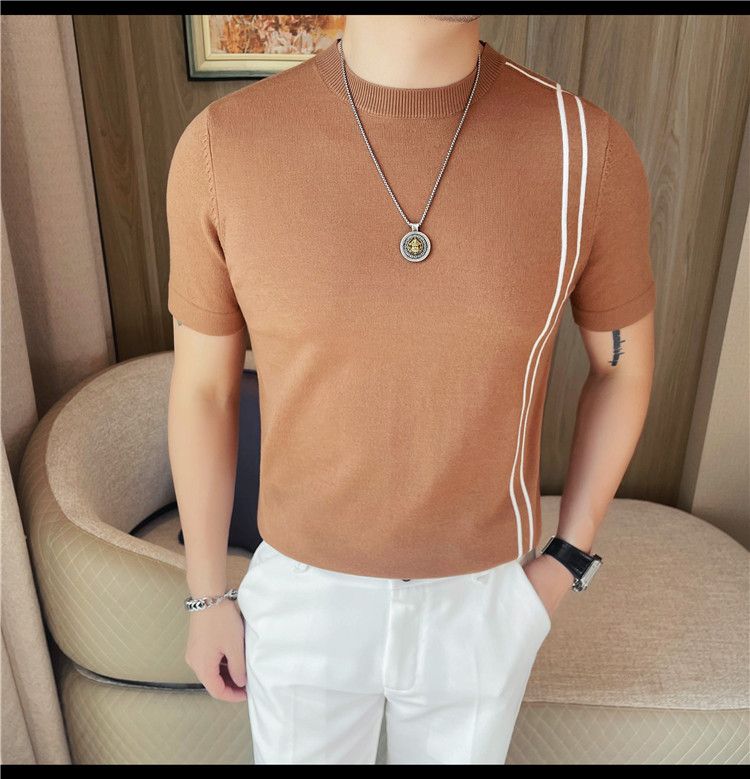Summer New Products Men's Thick Short Sleeve T-Shirt Threaded Neckline Short Sleeve Knitted Sweater Slim Fit Elastic Bottom Sweater Undershirt_voghion.com