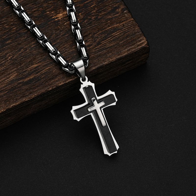 Collana audace con croce in acciaio al titanio a tre strati, accessori hip-hop da uomo_voghion.com