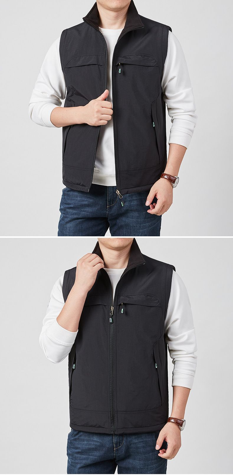 Colete reversível de lã polar para homem – Jaqueta puffer sem mangas quente de inverno com gola alta e vários bolsos (M-5XL)_voghion.com