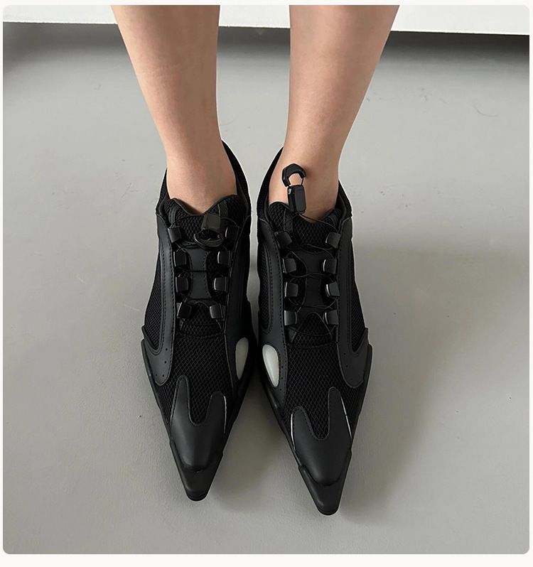Stivali da boxe da donna Chimera Series, neri, con punta a punta, stile sportivo, con tacco alto, in rete, altezza crescente, scarpe da boxe con bocca profonda_voghion.com