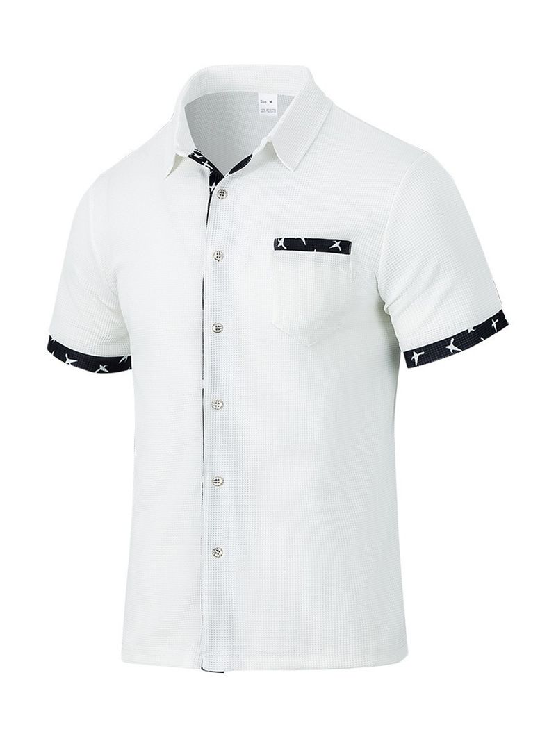Camicia da uomo a maniche corte con risvolto, casual, in tessuto a nido d'ape, con bottoni e tasche_voghion.com