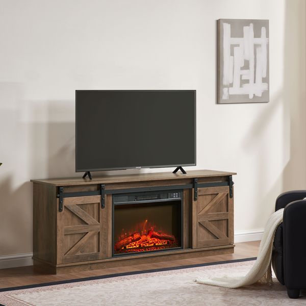 Fireplace TV Stand For Television Up To 65 Inch With Storage And Farmhouse Sliding Barn Doors, Entertainment Center With Cabinet And Shelves,Natural_voghion.com