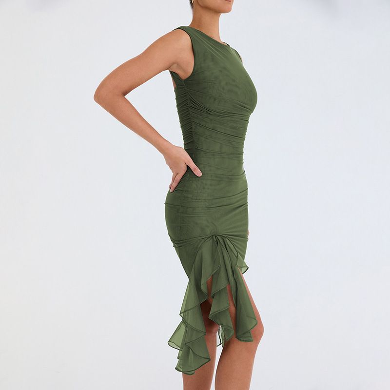 2024 Nuovo vestito plissettato alla moda in maglia attillata tinta unita temperamento per le donne in estate_voghion.com