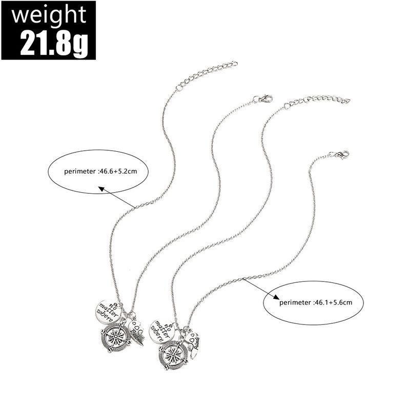 Combination Personalized Compass Heart Splicing English Engraving Mom And Daughter Two Piece Set Necklace_voghion.com