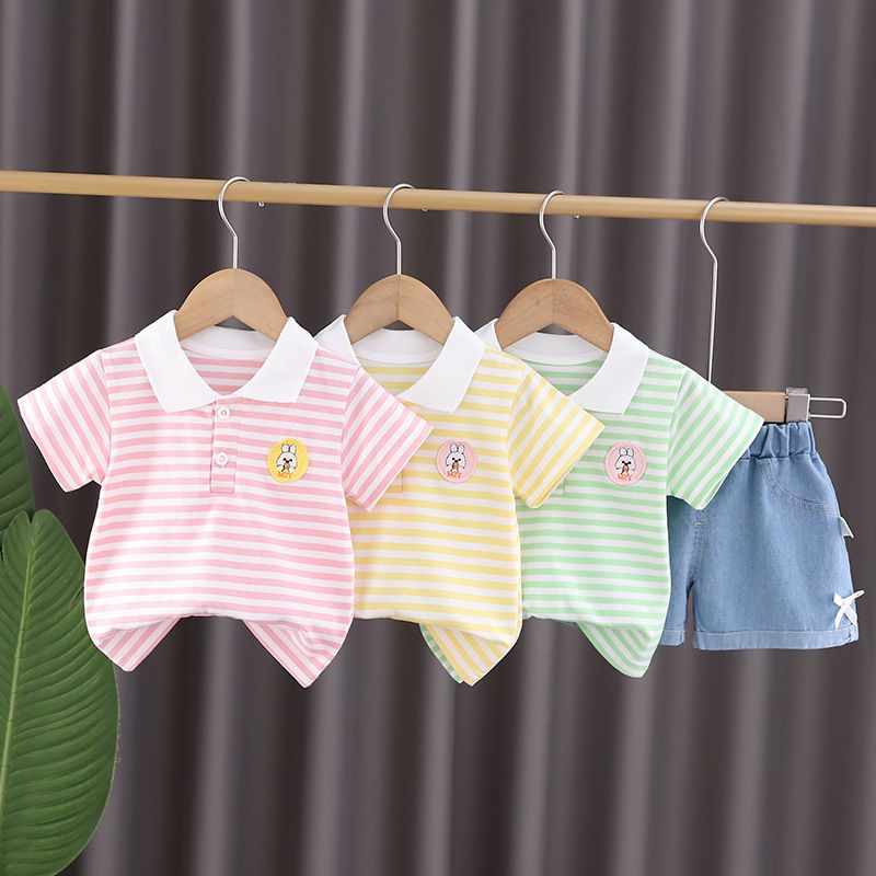 Stripe Polo Neck Short Sleeve Two piece Set Girls Summer Clothes Children's Clothing 1, 2-3-4 Year Old Baby_voghion.com