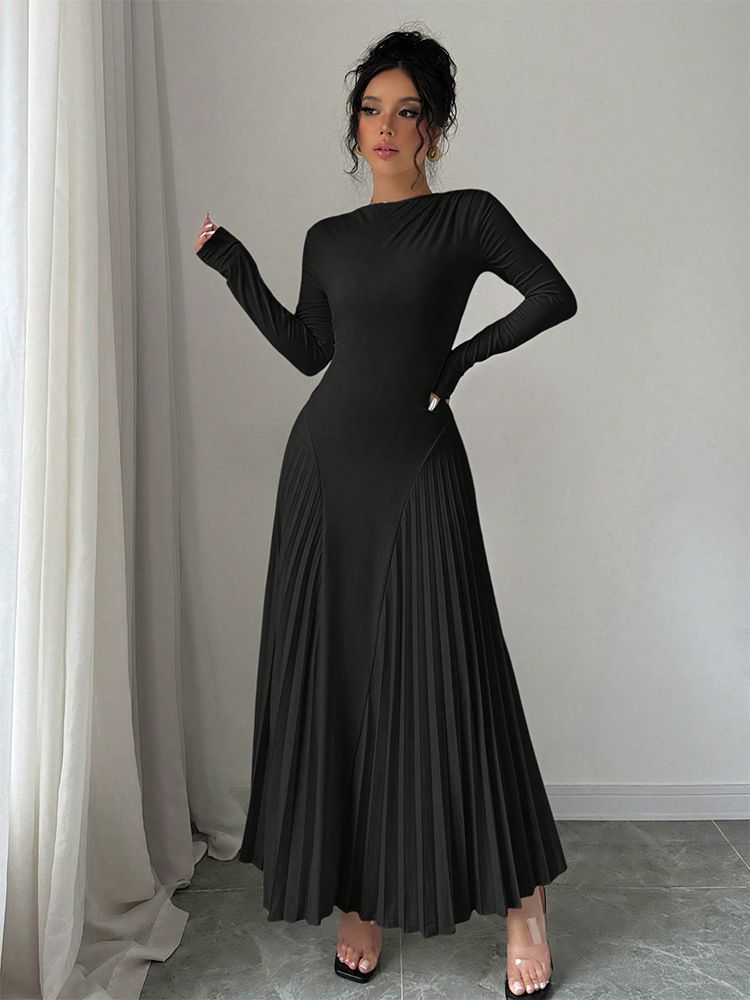 Nuovo abito plissettato a maniche lunghe lavorato a maglia, gonna lunga, elegante, sottile, versatile, alla moda_voghion.com
