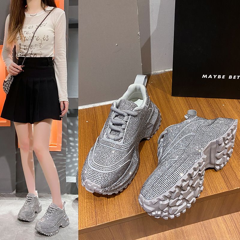 Modische Damen-Sneaker mit Strasssteinen – klobige Plateauschuhe für mehr Körpergröße, atmungsaktives Obermaterial aus PU, lässige und trendige Low-Top-Schnürschuhe_voghion.com