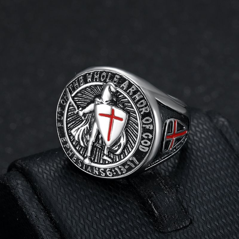 New Hip-Hop Men's Titanium Steel Gold-Plated Templar Red Cross Shield Ring_voghion.com