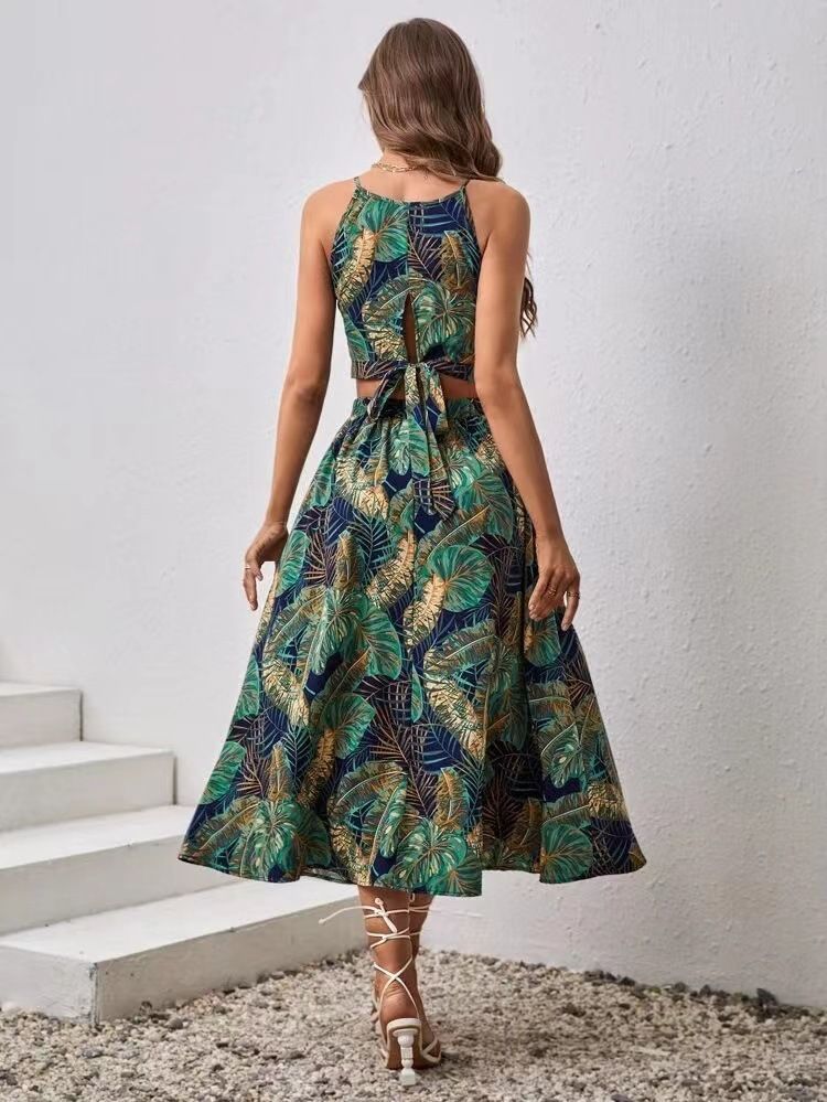 Robe d'été deux pièces imprimée à fermeture éclair pour femme, couleur unie, nouvelle collection 2025, résistante et respirante_voghion.com